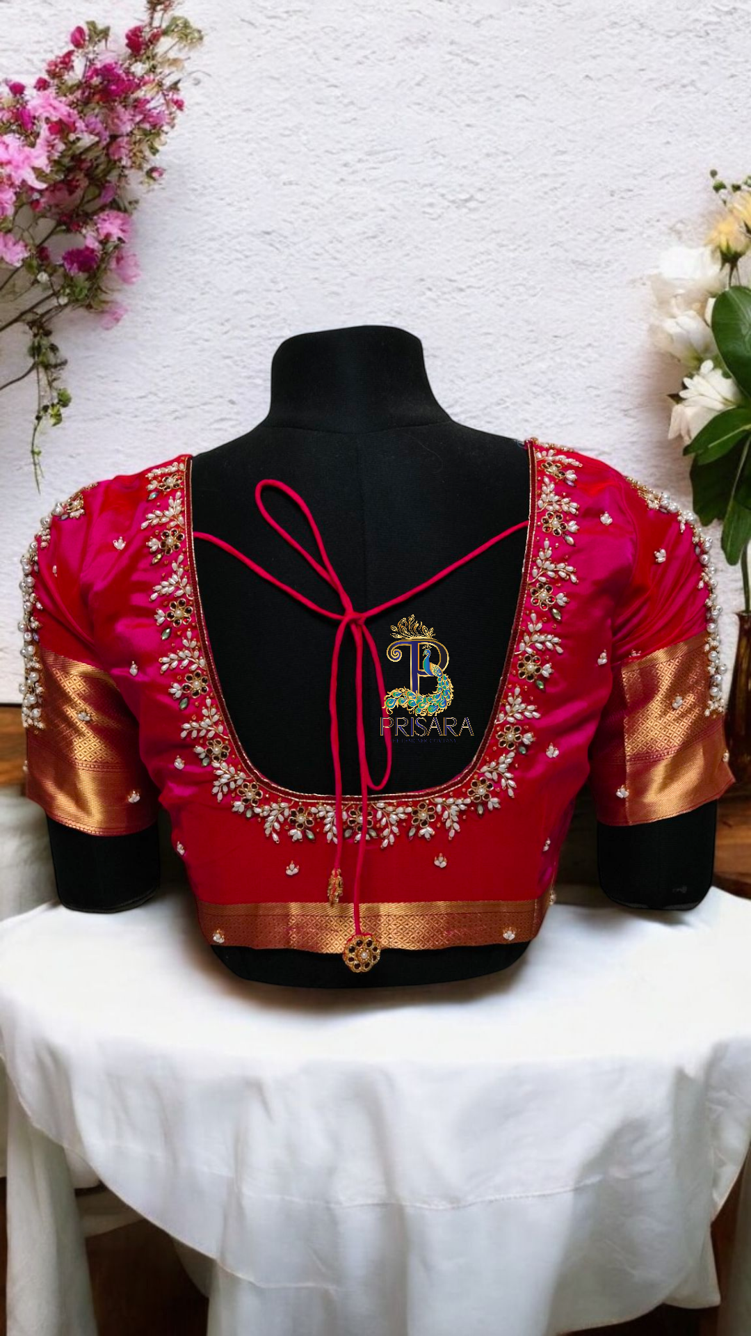 Pearl Perfection – Floral Neck Bridal Blouse with Zardosi & Grand Sleeves