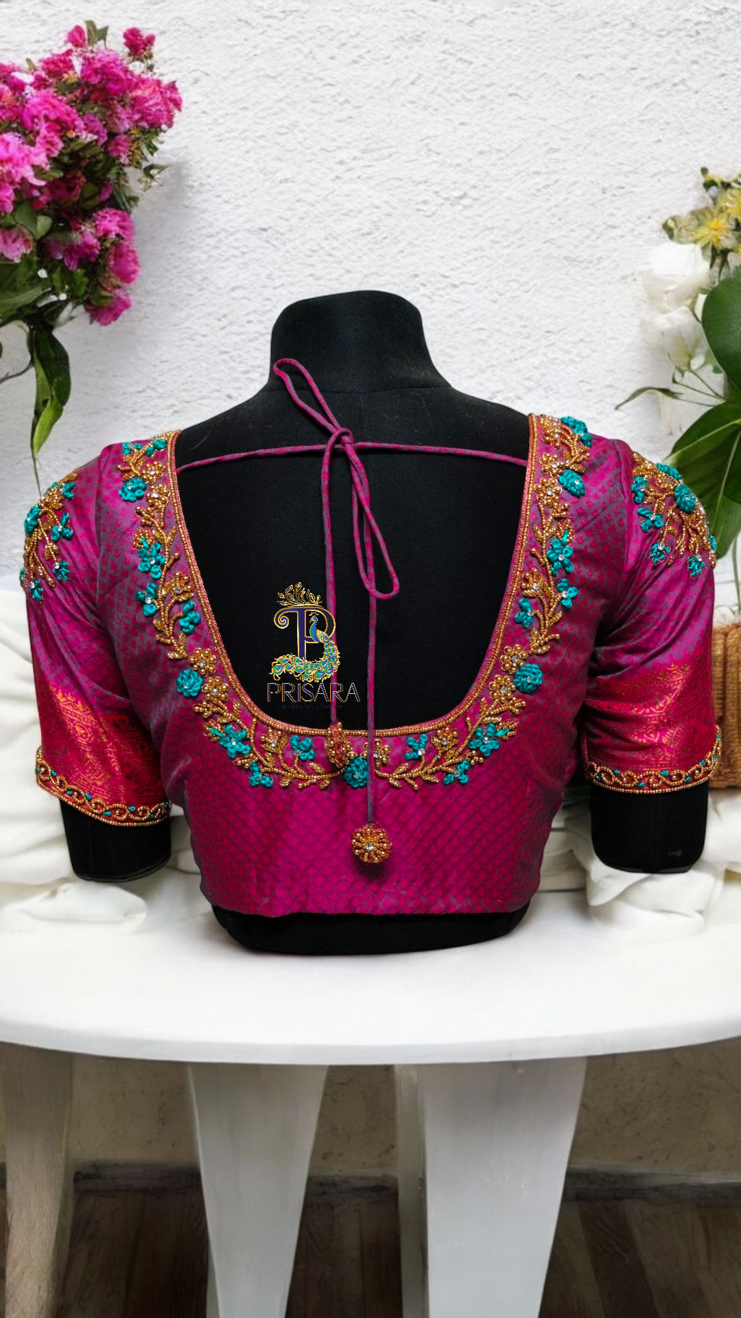 Unique Floral Neck Bridal Blouse – Blue Knot Flowers & Beads Magic