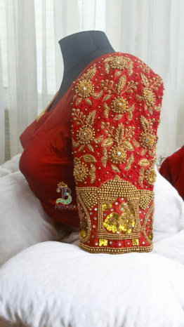 Heavy Red Bridal Aari Embroidery Blouse with Paani Work, Zardosi & Beadwork | Bride & Groom Initial Tassel Blouse – PRISARA