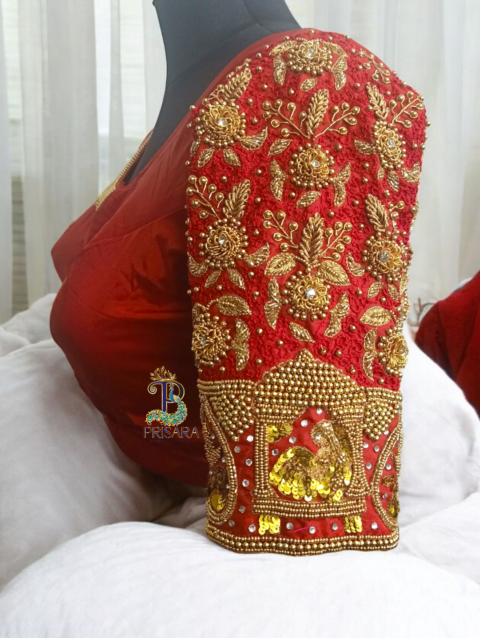 Heavy Red Bridal Aari Embroidery Blouse with Paani Work, Zardosi & Beadwork | Bride & Groom Initial Tassel Blouse – PRISARA - Image 3
