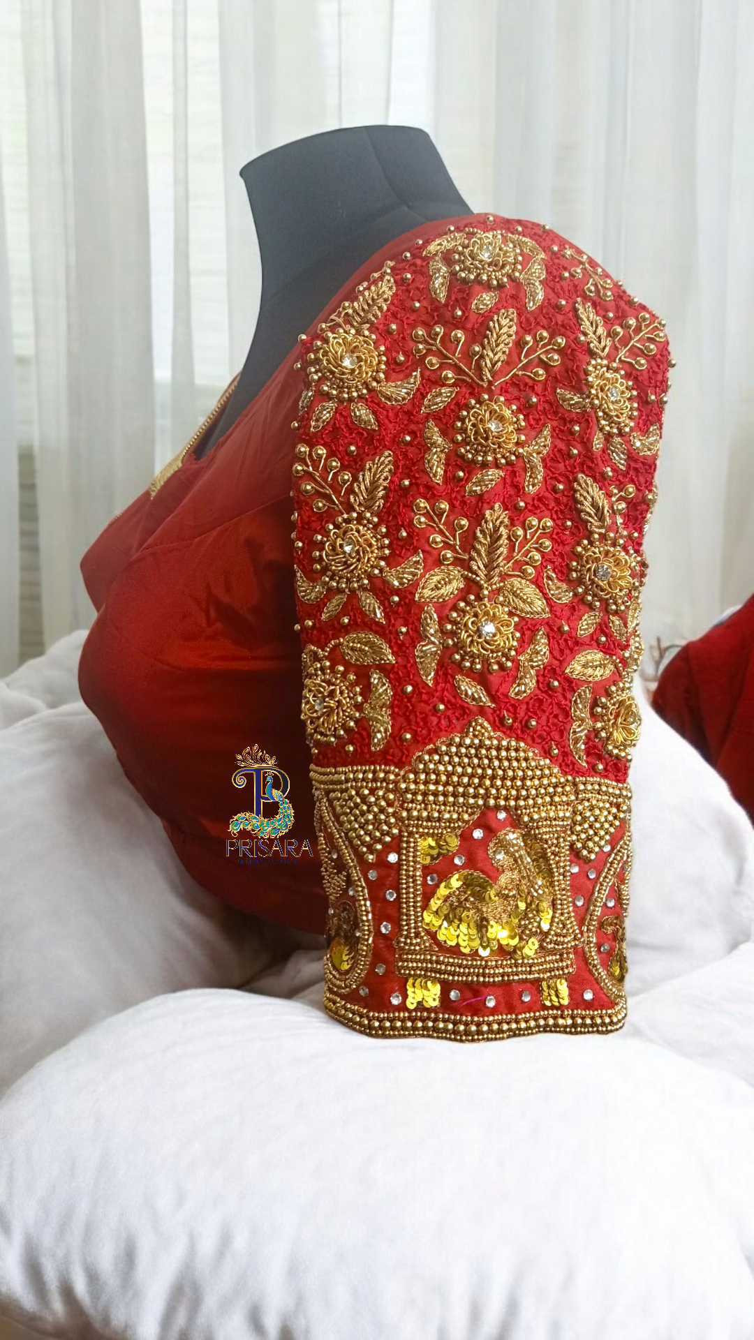 Heavy Red Bridal Aari Embroidery Blouse with Paani Work, Zardosi & Beadwork | Bride & Groom Initial Tassel Blouse – PRISARA - Image 3