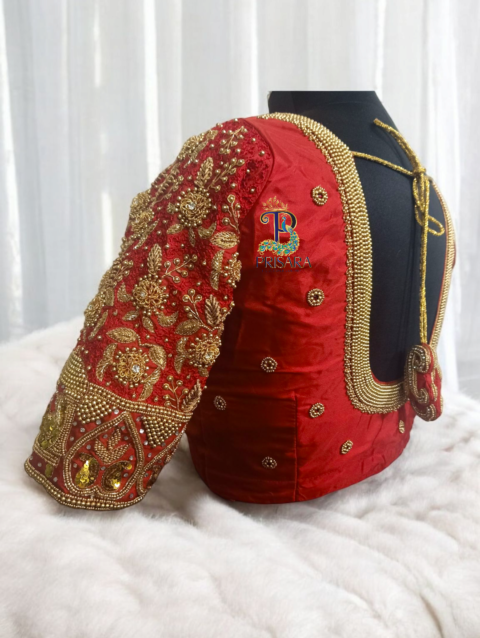 heavy red bridal aari embroidery blouse with paani work zardosi beadwork designer blouse PRISARA