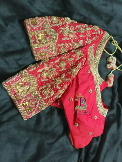 Heavy Red Bridal Aari Embroidery Blouse with Paani Work, Zardosi & Beadwork | Bride & Groom Initial Tassel Blouse – PRISARA - Image 6