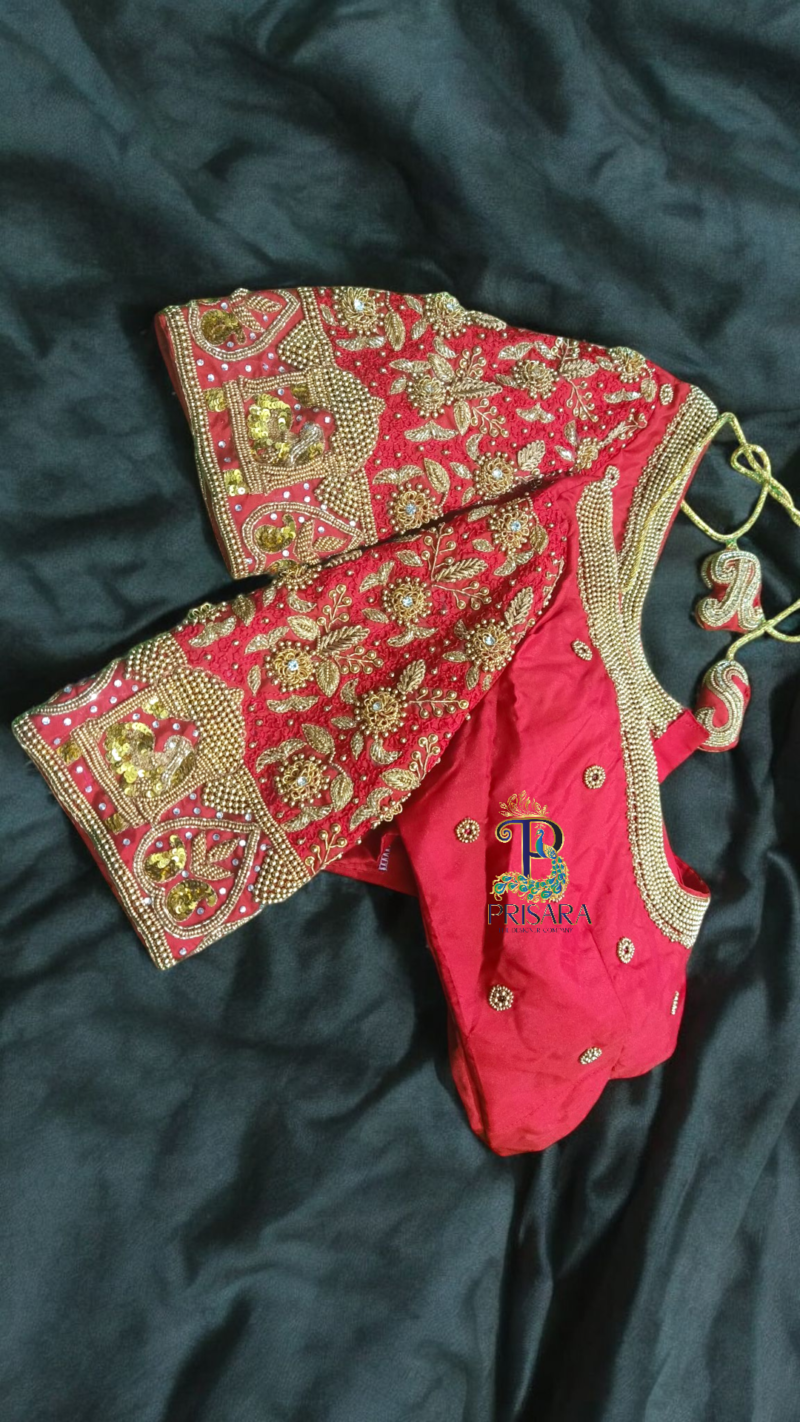 Heavy Red Bridal Aari Embroidery Blouse with Paani Work, Zardosi & Beadwork | Bride & Groom Initial Tassel Blouse – PRISARA
