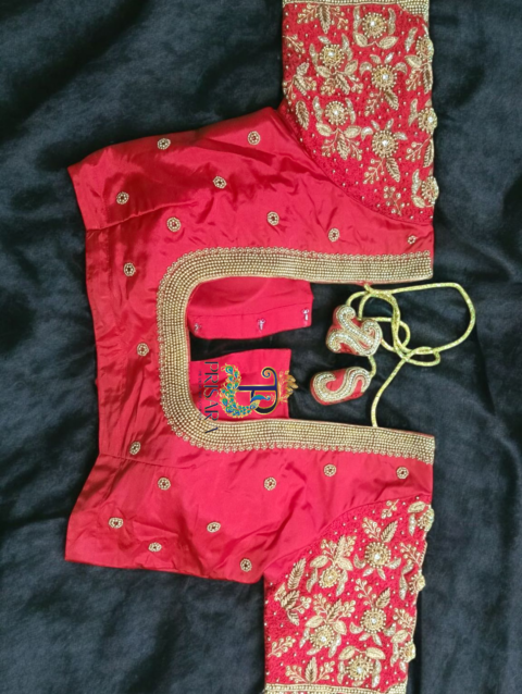 Heavy Red Bridal Aari Embroidery Blouse with Paani Work, Zardosi & Beadwork | Bride & Groom Initial Tassel Blouse – PRISARA - Image 7