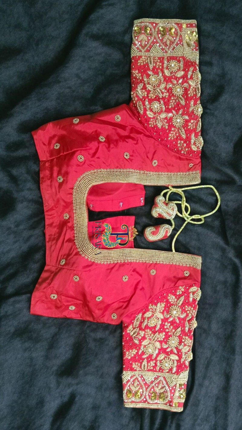 Heavy Red Bridal Aari Embroidery Blouse with Paani Work, Zardosi & Beadwork | Bride & Groom Initial Tassel Blouse – PRISARA