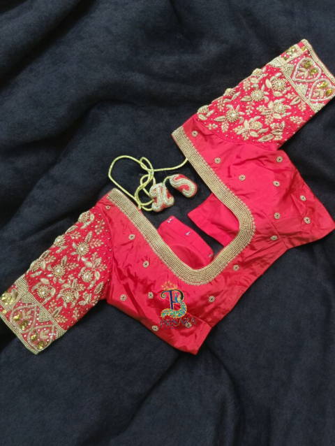 Heavy Red Bridal Aari Embroidery Blouse with Paani Work, Zardosi & Beadwork | Bride & Groom Initial Tassel Blouse – PRISARA - Image 5