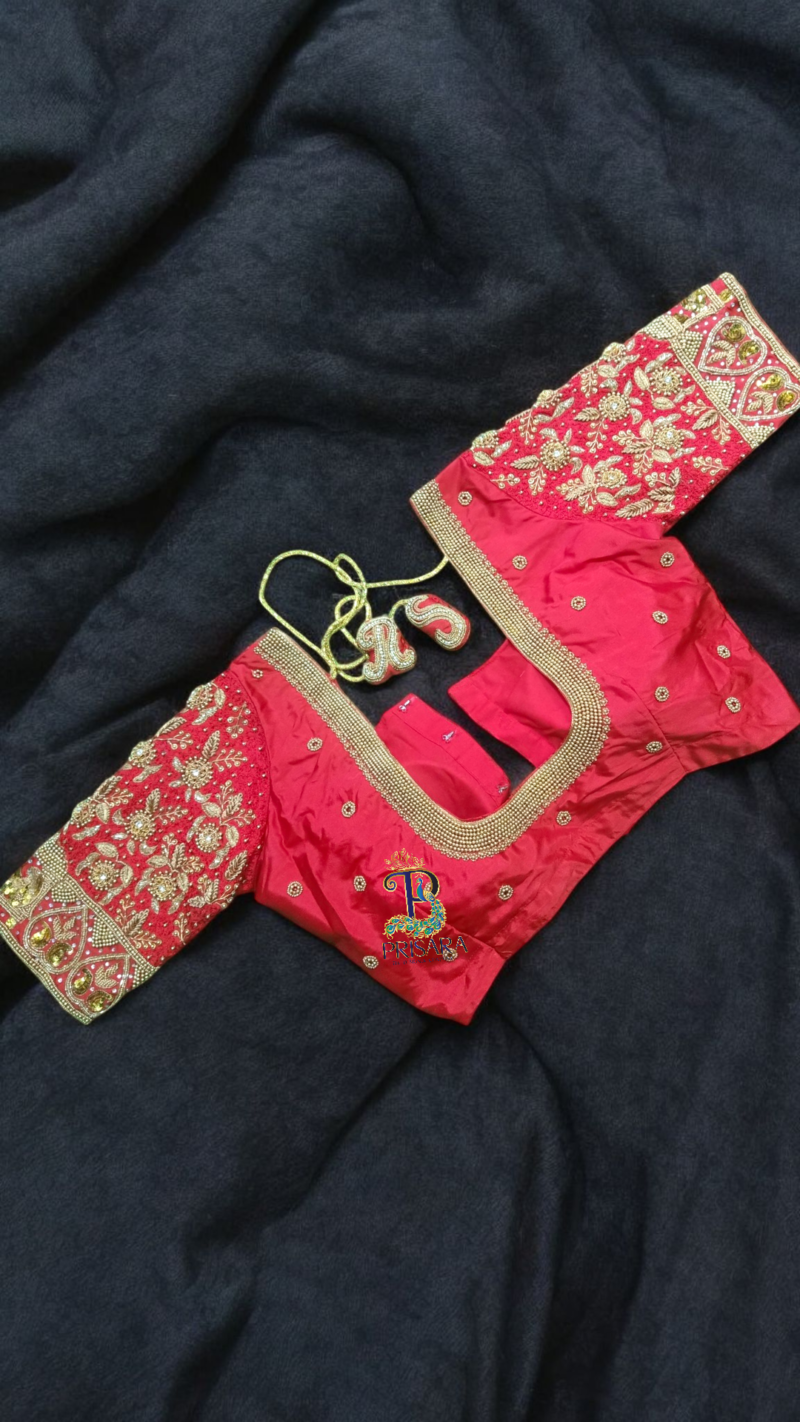 Heavy Red Bridal Aari Embroidery Blouse with Paani Work, Zardosi & Beadwork | Bride & Groom Initial Tassel Blouse – PRISARA