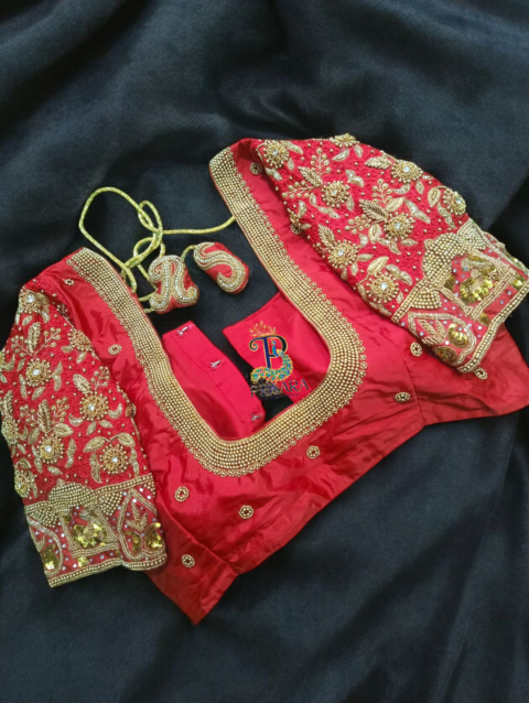 Heavy Red Bridal Aari Embroidery Blouse with Paani Work, Zardosi & Beadwork | Bride & Groom Initial Tassel Blouse – PRISARA - Image 4