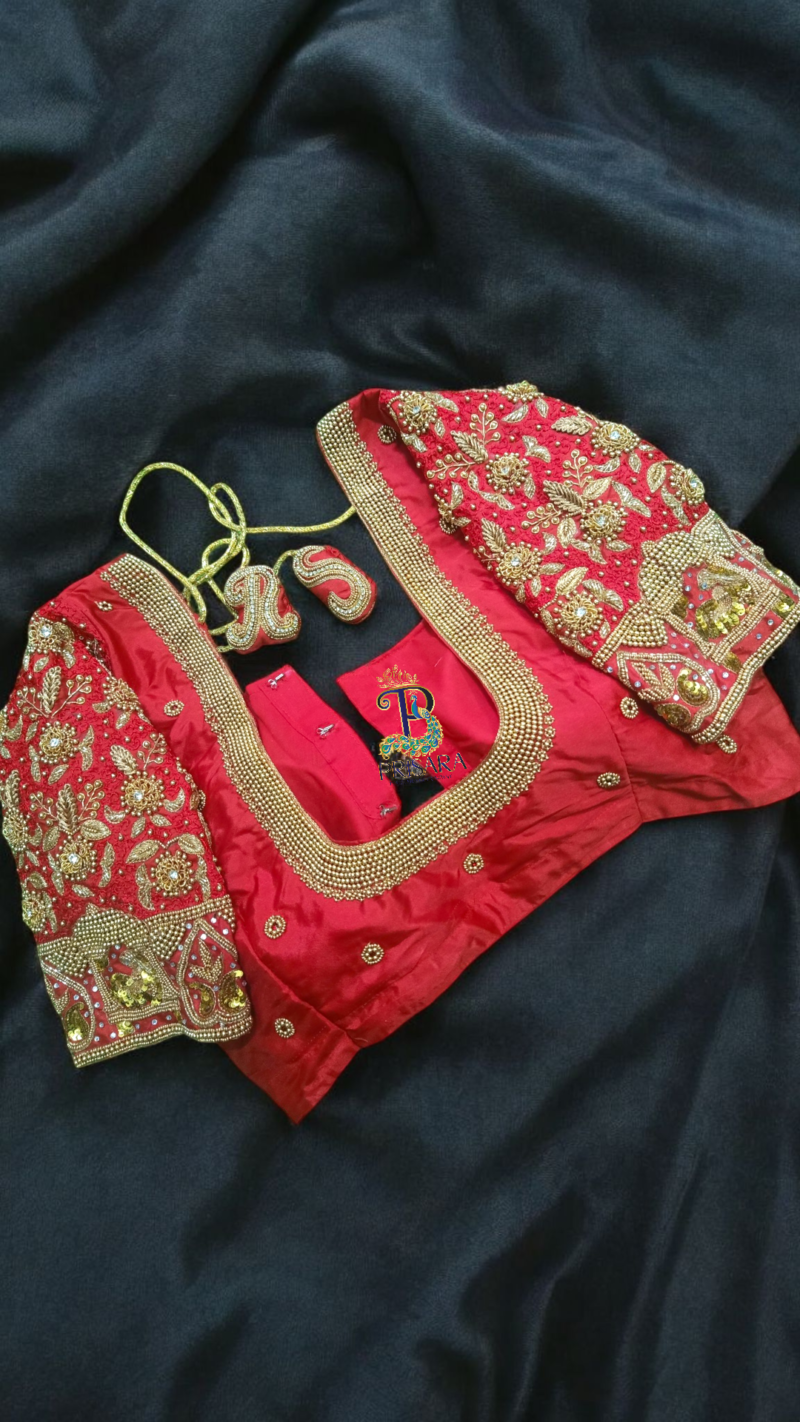 Heavy Red Bridal Aari Embroidery Blouse with Paani Work, Zardosi & Beadwork | Bride & Groom Initial Tassel Blouse – PRISARA