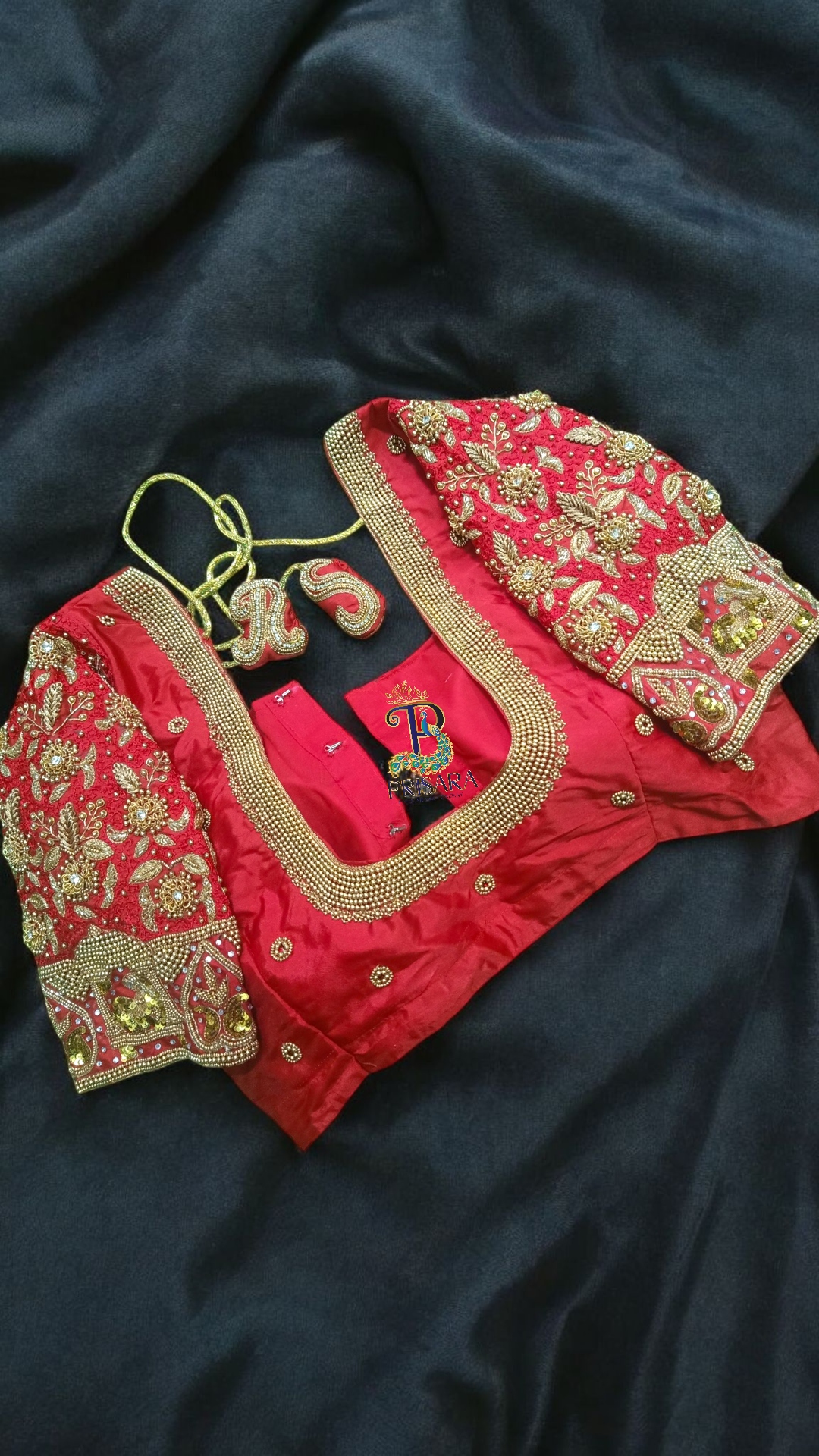Heavy Red Bridal Aari Embroidery Blouse with Paani Work, Zardosi & Beadwork | Bride & Groom Initial Tassel Blouse – PRISARA - Image 4