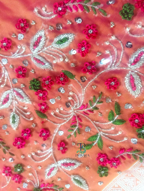 Heavy Beaded Designer Blouse with Floral Aari Work & Hanging Beads | Closed Neck Bridal Blouse Bangalore | PRISARA - Image 8