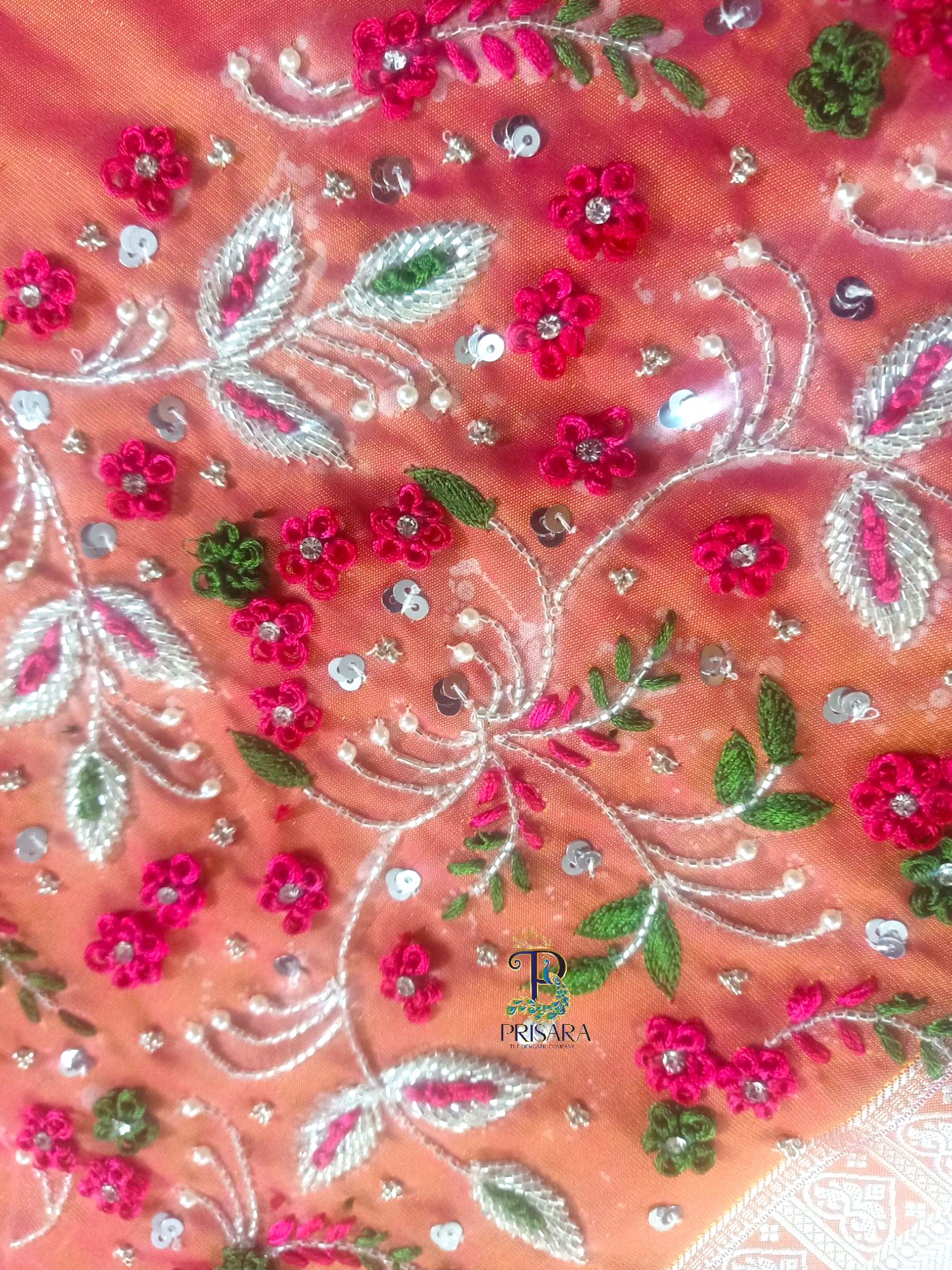 Heavy Beaded Designer Blouse with Floral Aari Work & Hanging Beads | Closed Neck Bridal Blouse Bangalore | PRISARA - Image 8