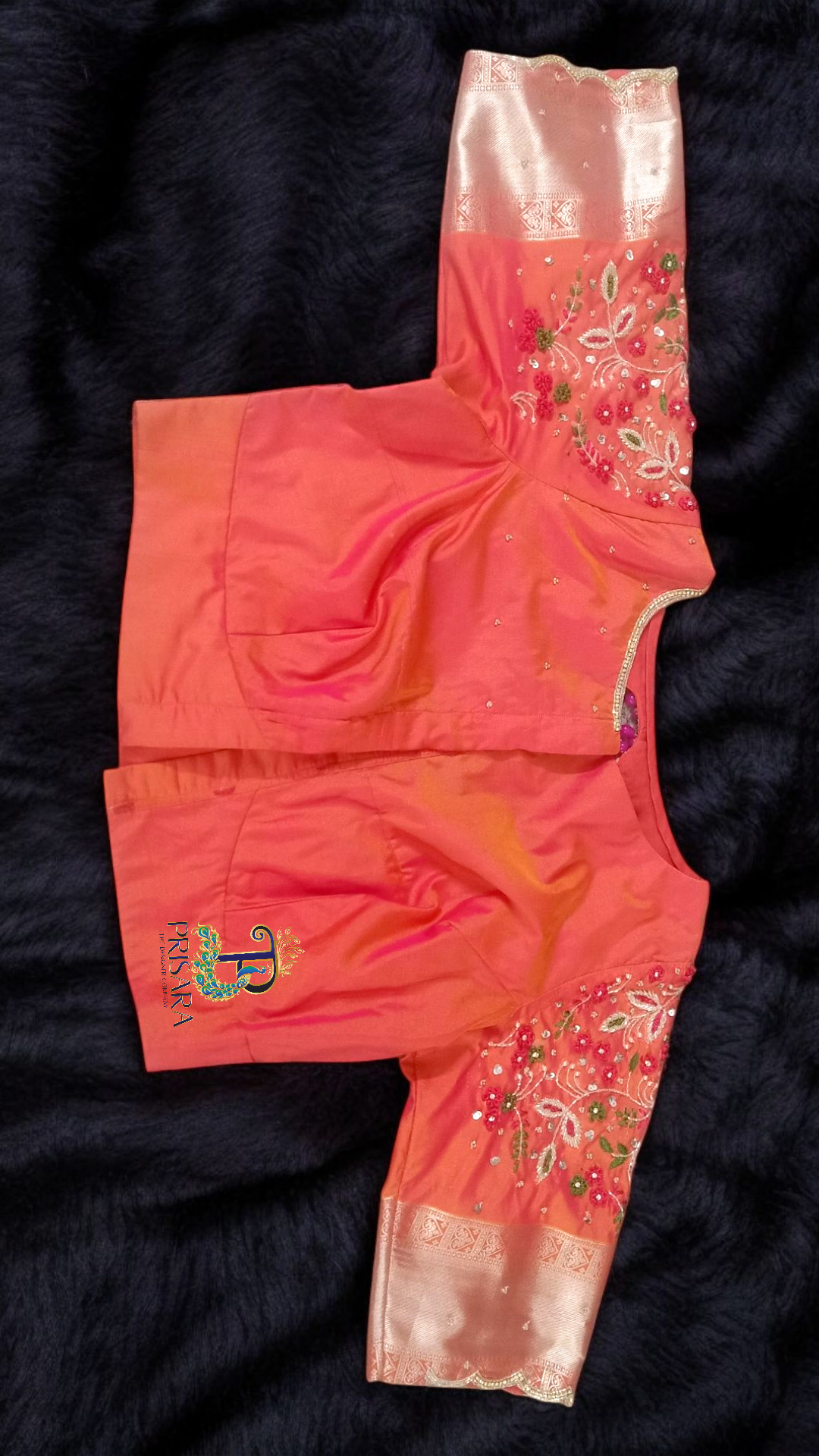 Heavy Beaded Designer Blouse with Floral Aari Work & Hanging Beads | Closed Neck Bridal Blouse Bangalore | PRISARA - Image 7