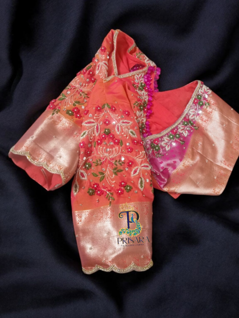 Heavy Beaded Designer Blouse with Floral Aari Work & Hanging Beads | Closed Neck Bridal Blouse Bangalore | PRISARA - Image 5