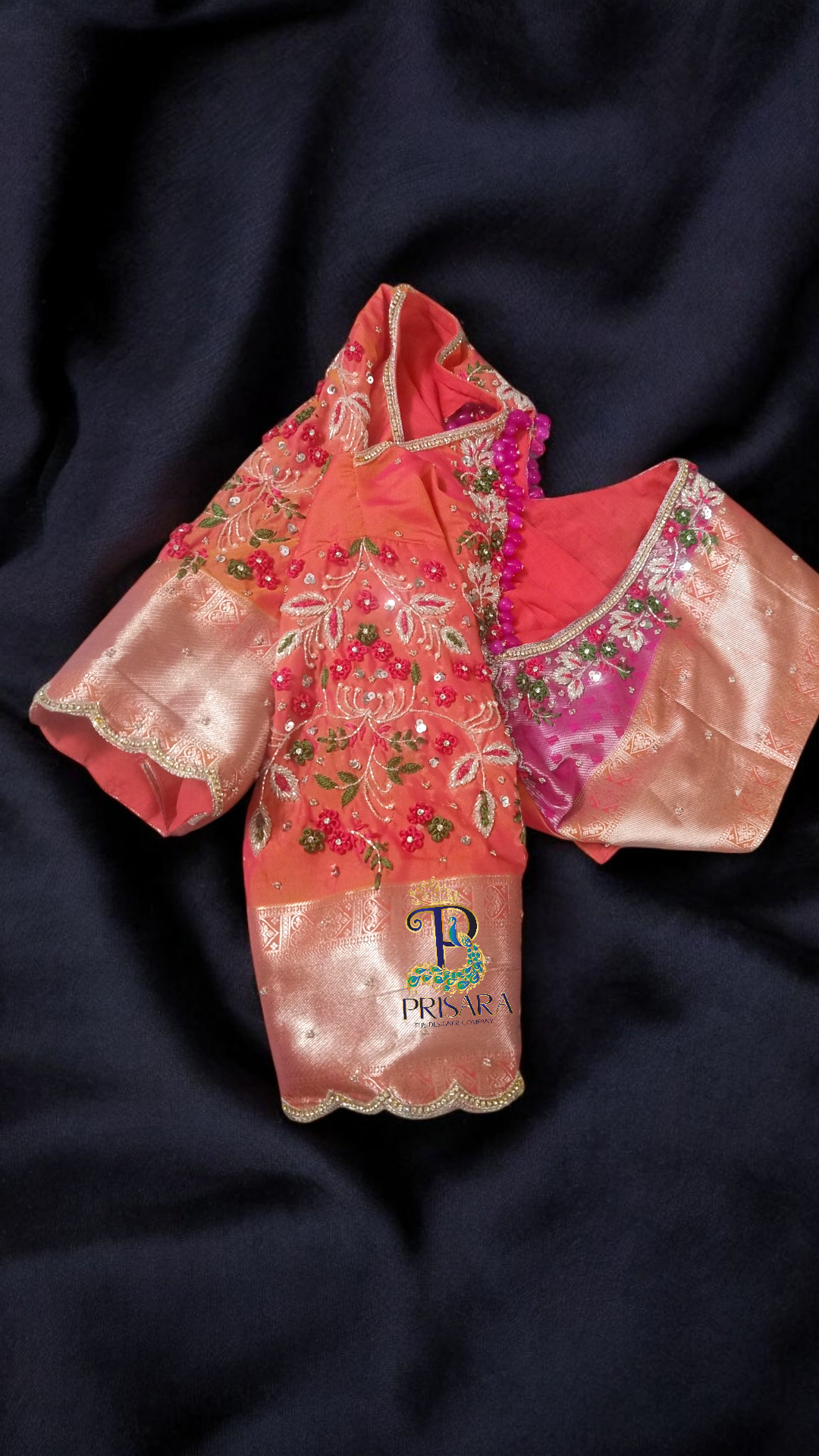 Heavy Beaded Designer Blouse with Floral Aari Work & Hanging Beads | Closed Neck Bridal Blouse Bangalore | PRISARA - Image 5