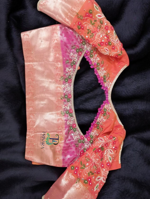 Heavy Beaded Designer Blouse with Floral Aari Work & Hanging Beads | Closed Neck Bridal Blouse Bangalore | PRISARA - Image 9