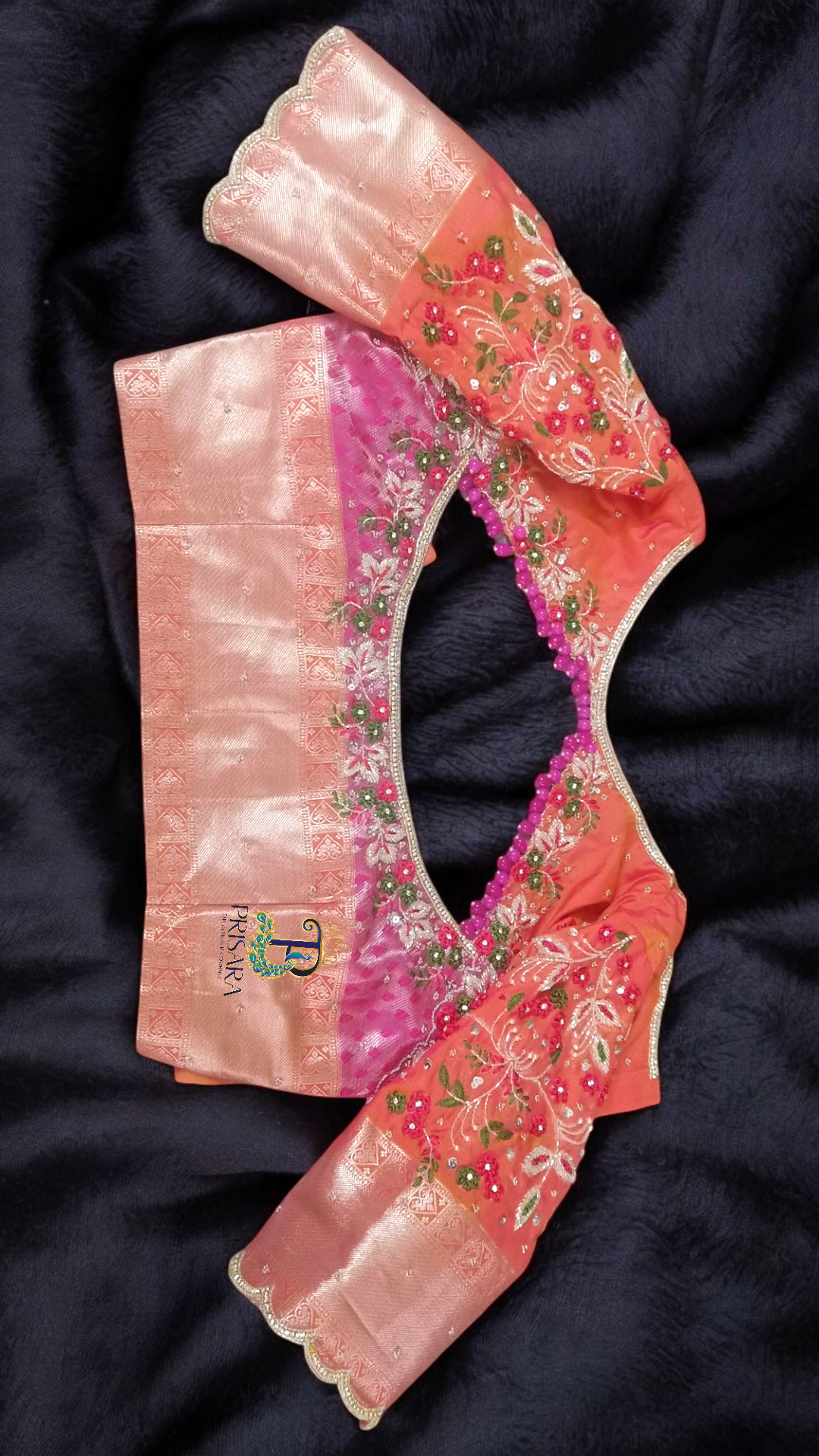 Heavy Beaded Designer Blouse with Floral Aari Work & Hanging Beads | Closed Neck Bridal Blouse Bangalore | PRISARA - Image 9