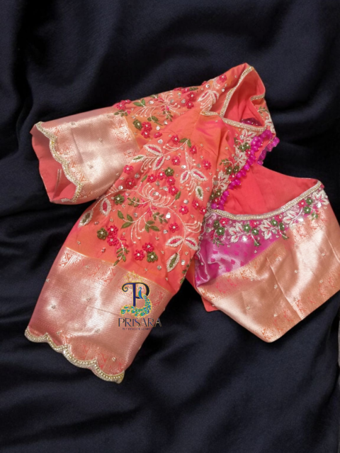 Heavy Beaded Designer Blouse with Floral Aari Work & Hanging Beads | Closed Neck Bridal Blouse Bangalore | PRISARA - Image 6