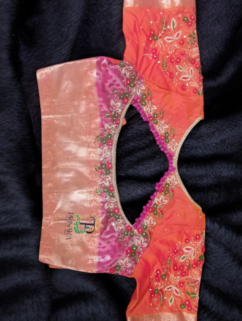 Heavy Beaded Designer Blouse with Floral Aari Work & Hanging Beads | Closed Neck Bridal Blouse Bangalore | PRISARA - Image 10