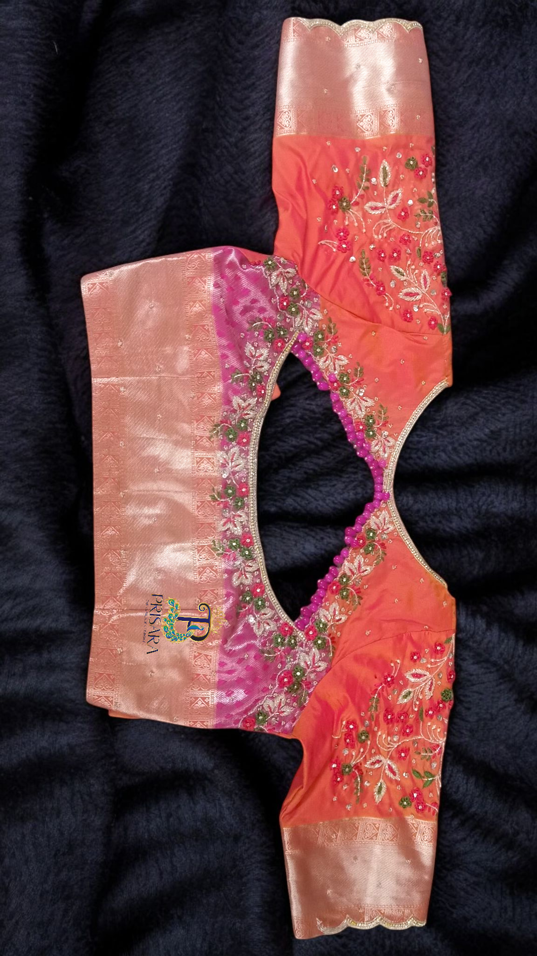 Heavy Beaded Designer Blouse with Floral Aari Work & Hanging Beads | Closed Neck Bridal Blouse Bangalore | PRISARA - Image 10