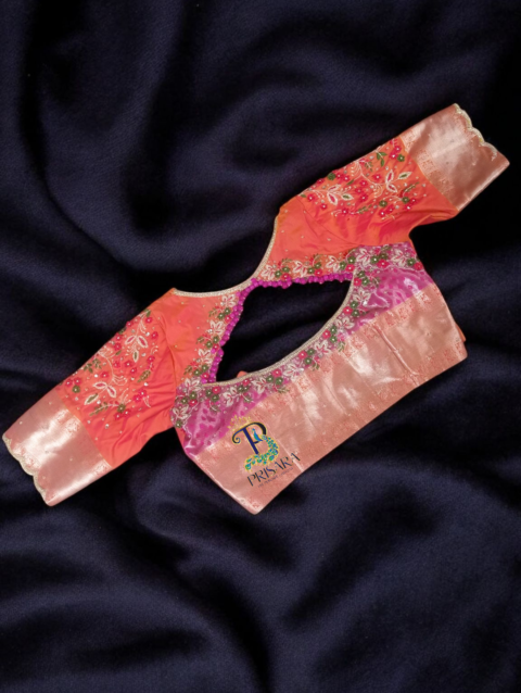 Heavy Beaded Designer Blouse with Floral Aari Work & Hanging Beads | Closed Neck Bridal Blouse Bangalore | PRISARA - Image 2