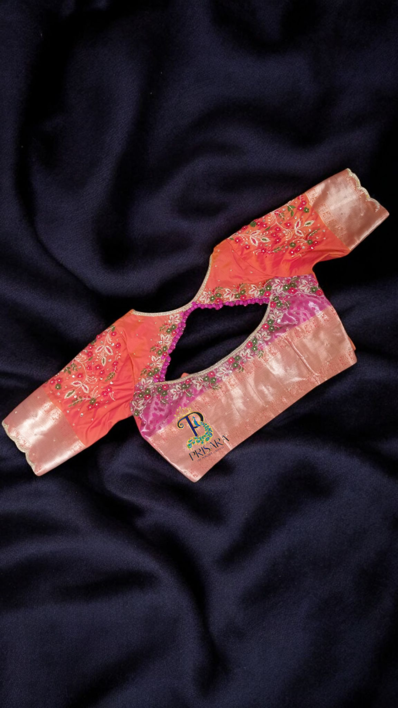 Heavy Beaded Designer Blouse with Floral Aari Work & Hanging Beads | Closed Neck Bridal Blouse Bangalore | PRISARA