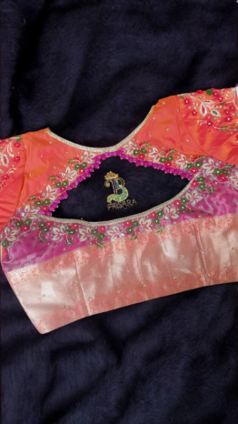 Heavy Beaded Designer Blouse with Floral Aari Work & Hanging Beads | Closed Neck Bridal Blouse Bangalore | PRISARA
