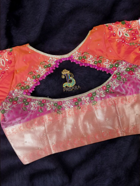 Heavy Beaded Designer Blouse with Floral Aari Work & Hanging Beads | Closed Neck Bridal Blouse Bangalore | PRISARA - Image 4