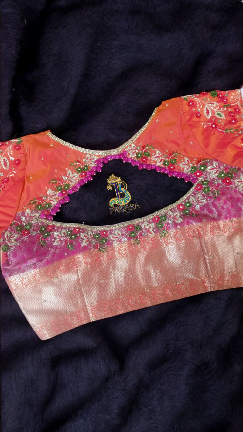 Heavy Beaded Designer Blouse with Floral Aari Work & Hanging Beads | Closed Neck Bridal Blouse Bangalore | PRISARA