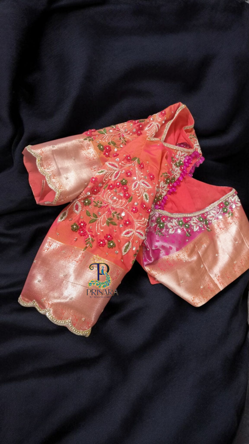 Heavy Beaded Designer Blouse with Floral Aari Work & Hanging Beads | Closed Neck Bridal Blouse Bangalore | PRISARA