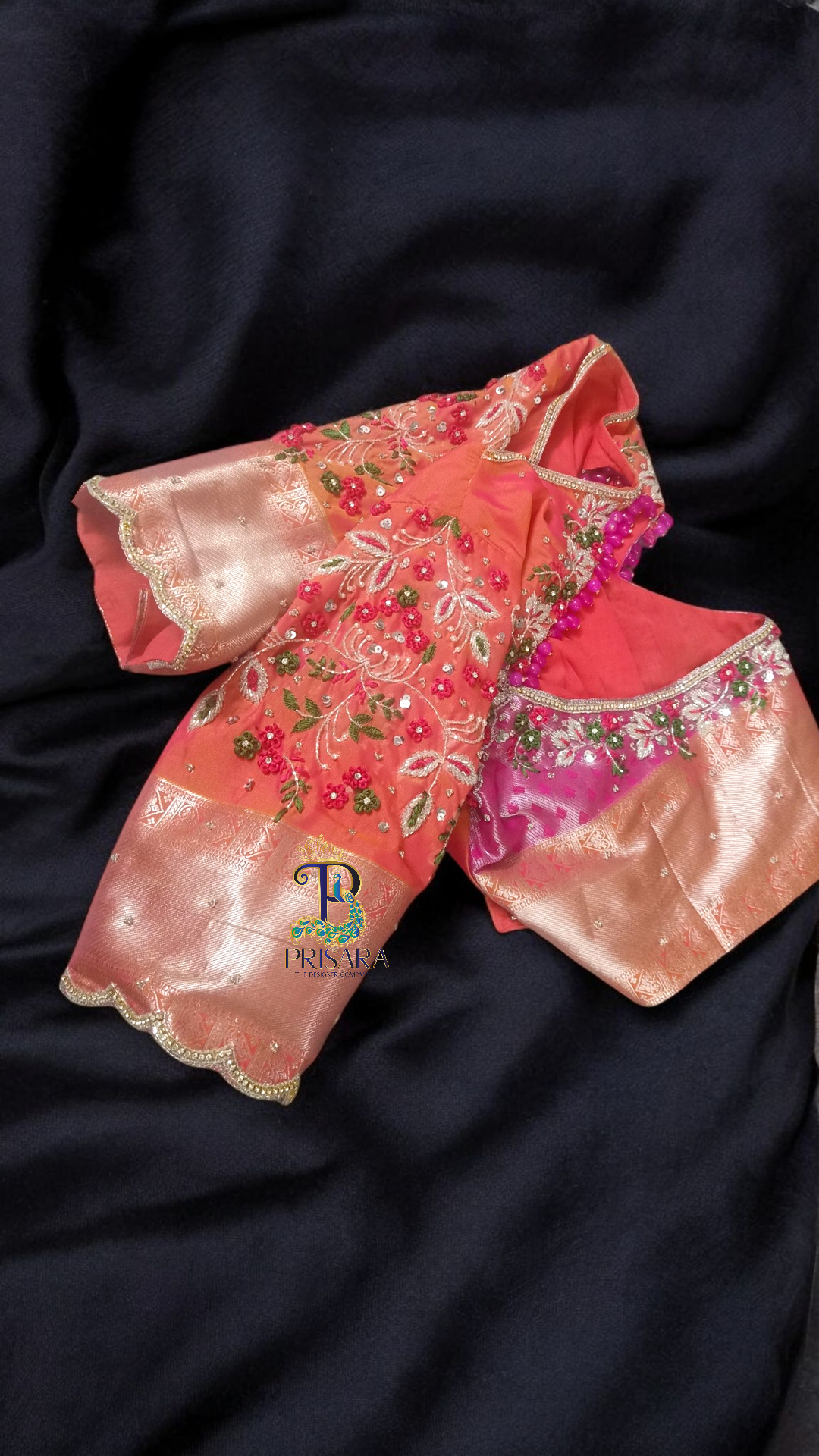 Heavy Beaded Designer Blouse with Floral Aari Work & Hanging Beads | Closed Neck Bridal Blouse Bangalore | PRISARA - Image 6