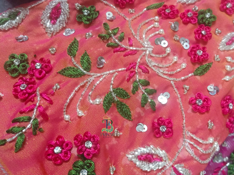 Heavy Beaded Designer Blouse with Floral Aari Work & Hanging Beads | Closed Neck Bridal Blouse Bangalore | PRISARA