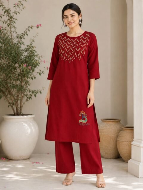 semi raw silk designer cord set pearl bead embroidery ethnic wear bangalore PRISARA