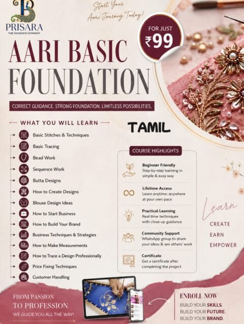 𝐁𝐞𝐠𝐢𝐧𝐧𝐞𝐫 𝐅𝐫𝐢𝐞𝐧𝐝𝐥𝐲 𝐀𝐚𝐫𝐢 𝐄𝐦𝐛𝐫𝐨𝐢𝐝𝐞𝐫𝐲 𝐅𝐨𝐮𝐧𝐝𝐚𝐭𝐢𝐨𝐧 𝐂𝐨𝐮𝐫𝐬𝐞 𝐛𝐲 𝐏𝐑𝐈𝐒𝐀𝐑𝐀 𝐟𝐨𝐫 ₹𝟗𝟗 𝐢𝐧𝐜𝐥𝐮𝐝𝐢𝐧𝐠 𝐛𝐚𝐬𝐢𝐜 𝐬𝐭𝐢𝐭𝐜𝐡𝐞𝐬, 𝐛𝐞𝐚𝐝 𝐰𝐨𝐫𝐤, 𝐭𝐫𝐚𝐜𝐢𝐧𝐠, 𝐛𝐥𝐨𝐮𝐬𝐞 𝐝𝐞𝐬𝐢𝐠𝐧𝐬, 𝐚𝐧𝐝 𝐛𝐮𝐬𝐢𝐧𝐞𝐬𝐬 𝐠𝐮𝐢𝐝𝐚𝐧𝐜𝐞.