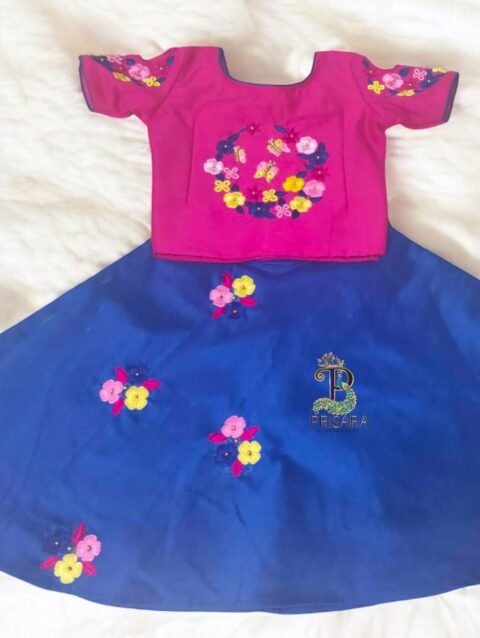 Kids Designer Crop Top Lehenga Set with Multicolor Thread Embroidery | Semi Raw Silk Ethnic Wear for Girls | PRISARA - Image 3