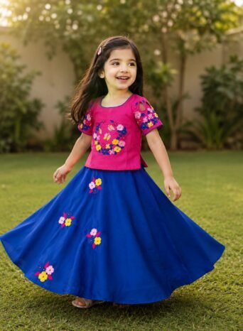 kids designer crop top lehenga set multicolor thread embroidery semi raw silk PRISARA