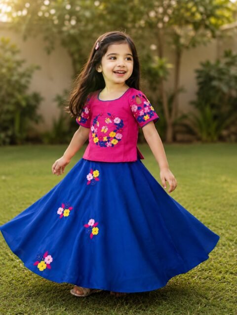 kids designer crop top lehenga set multicolor thread embroidery semi raw silk PRISARA
