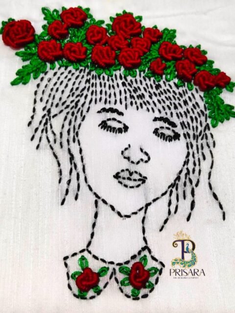 Designer Lady Embroidery Kurti & Palazzo Set with Bullion Roses Hand Embroidery | Semi Raw Silk Kurti Set | PRISARA - Image 5