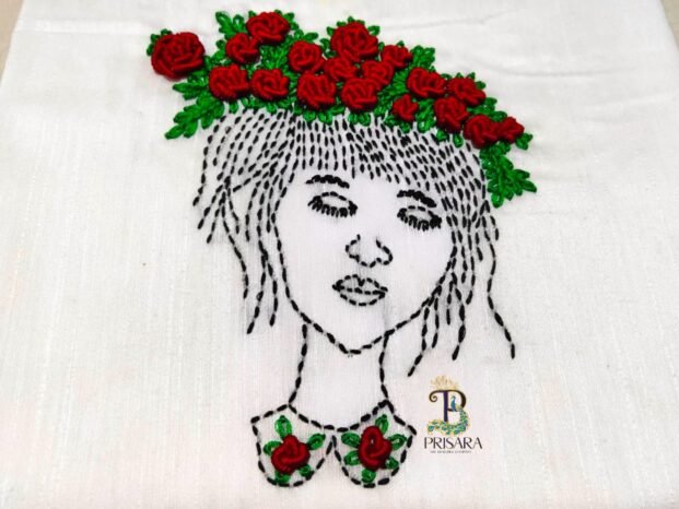 Designer Lady Embroidery Kurti & Palazzo Set with Bullion Roses Hand Embroidery | Semi Raw Silk Kurti Set | PRISARA