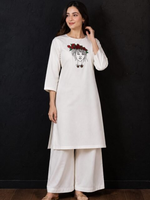 Designer Lady Embroidery Kurti & Palazzo Set with Bullion Roses Hand Embroidery | Semi Raw Silk Kurti Set | PRISARA - Image 8