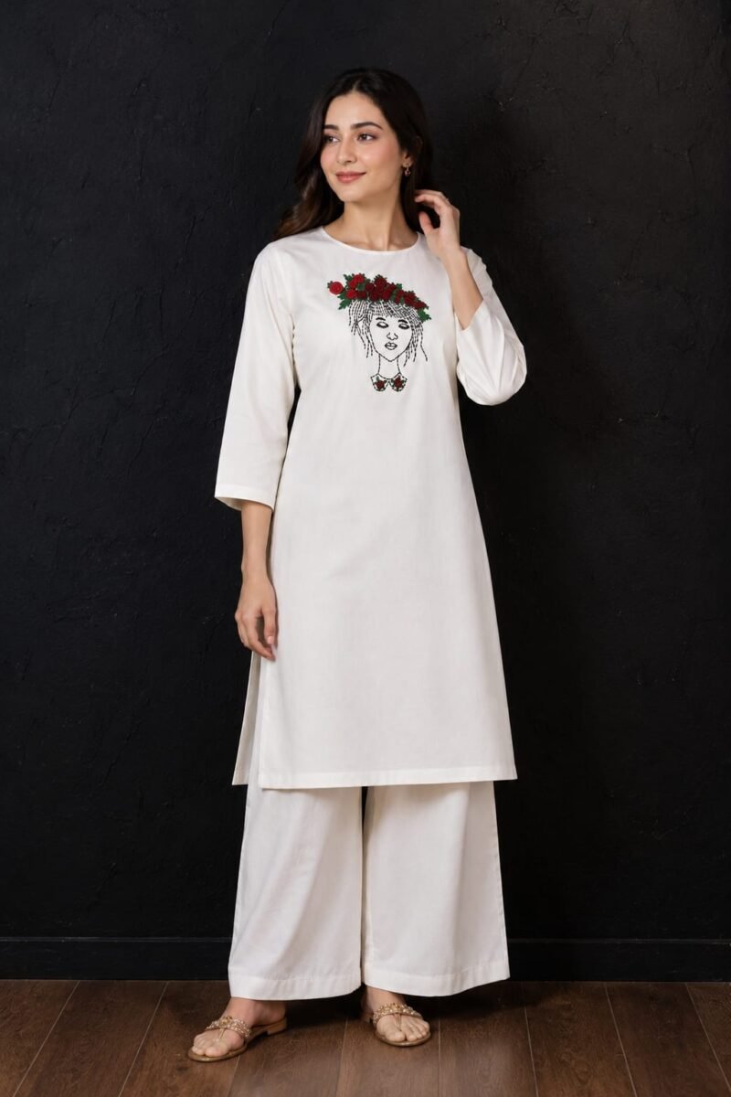 Designer Lady Embroidery Kurti & Palazzo Set with Bullion Roses Hand Embroidery | Semi Raw Silk Kurti Set | PRISARA