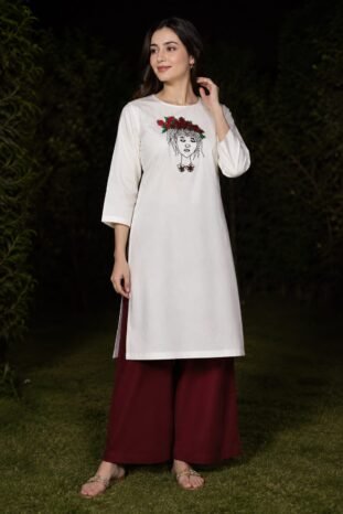 Designer Lady Embroidery Kurti & Palazzo Set with Bullion Roses Hand Embroidery | Semi Raw Silk Kurti Set | PRISARA