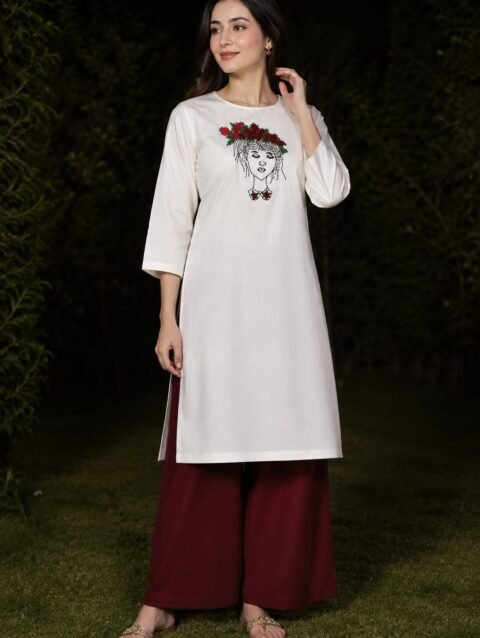 Designer Lady Embroidery Kurti & Palazzo Set with Bullion Roses Hand Embroidery | Semi Raw Silk Kurti Set | PRISARA - Image 6