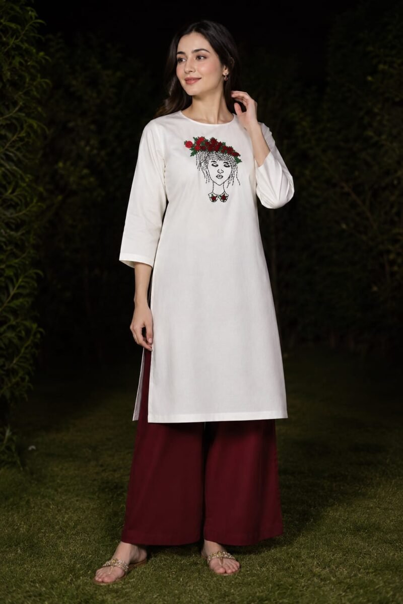 Designer Lady Embroidery Kurti & Palazzo Set with Bullion Roses Hand Embroidery | Semi Raw Silk Kurti Set | PRISARA