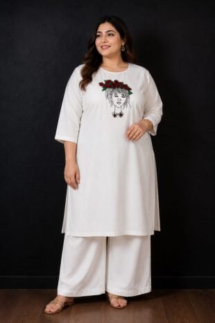 Designer Lady Embroidery Kurti & Palazzo Set with Bullion Roses Hand Embroidery | Semi Raw Silk Kurti Set | PRISARA