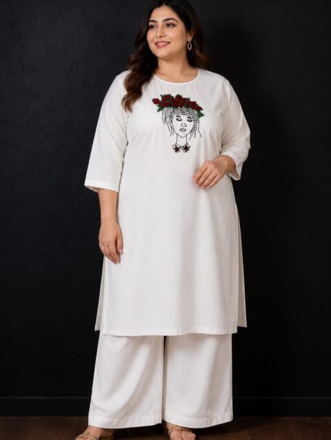 Designer Lady Embroidery Kurti & Palazzo Set with Bullion Roses Hand Embroidery | Semi Raw Silk Kurti Set | PRISARA - Image 7
