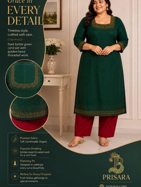 Dark Bottle Green Designer Kurti Set with Bead Work | Semi Raw Silk Kurti & Pant Set for Women | PRISARA - Image 6