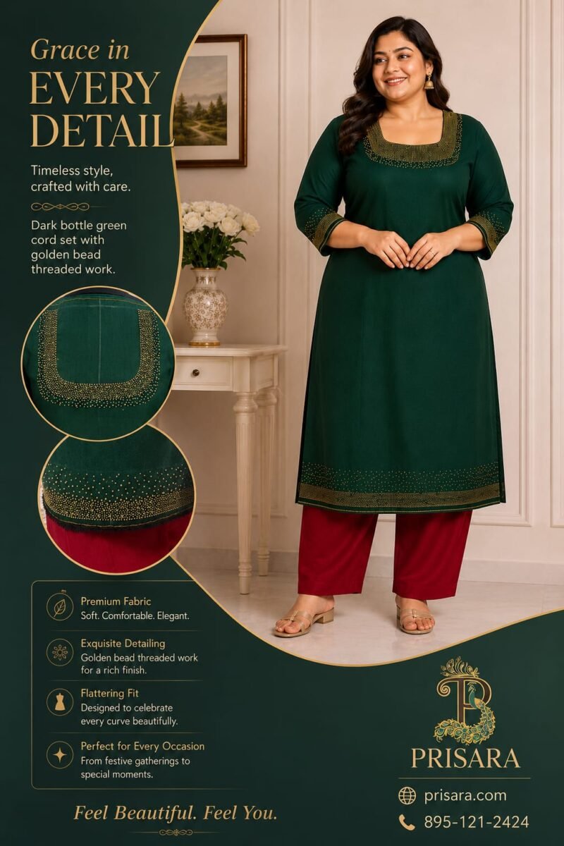 Dark Bottle Green Designer Kurti Set with Bead Work | Semi Raw Silk Kurti & Pant Set for Women | PRISARA