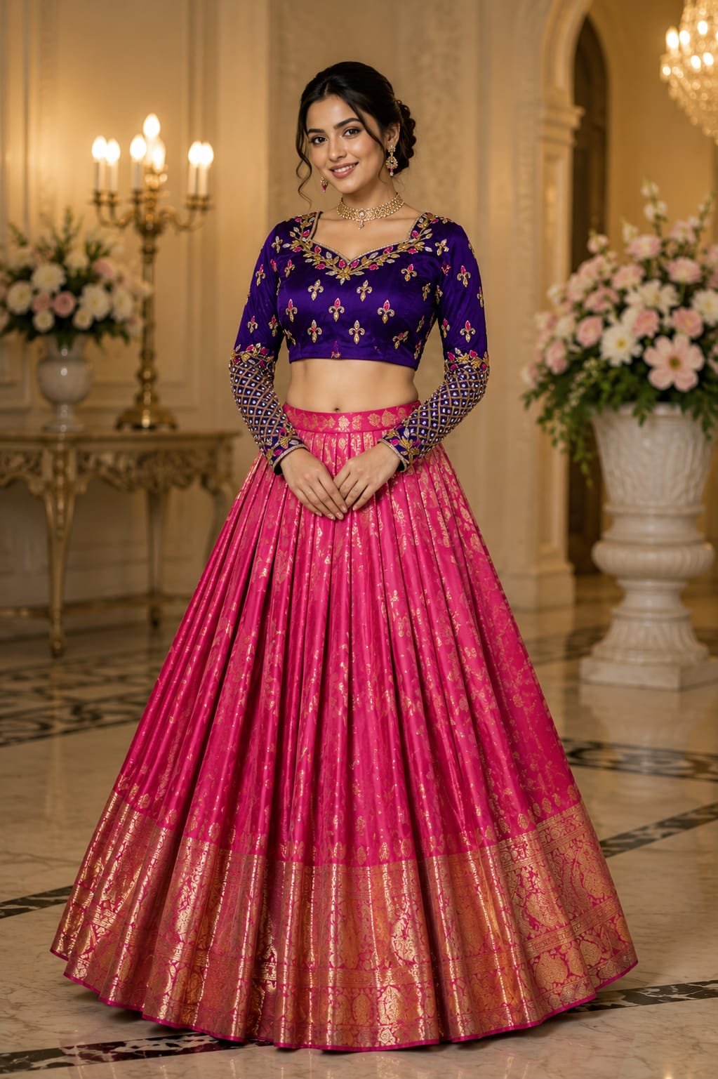 purple crop top blouse heavy zardosi work floral embroidery checked pattern designer blouse PRISARA